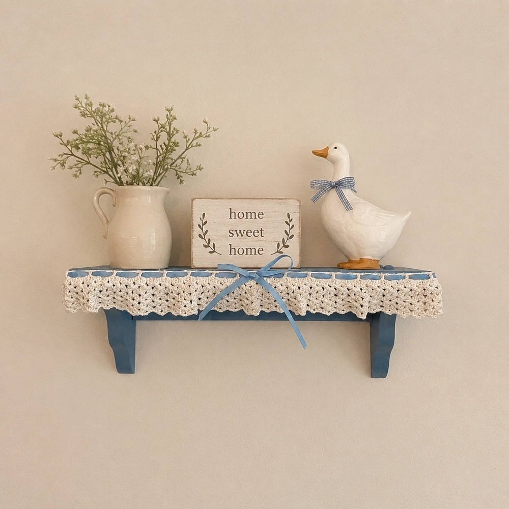 Vtg Wooden Wall Display Shelf Cottage Farmhouse Trinket 18" granny blue plant